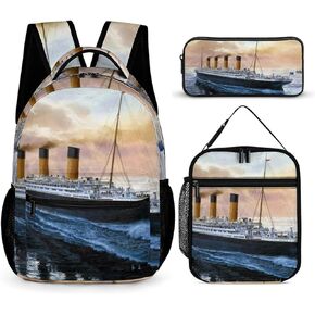 Retro Titanic Famous Old Historic 3 Piece Backpack Set Cute Travel Daypack Set with Lunch Bag Pencil Case for Men Women