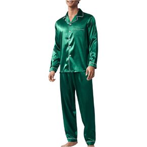 WDIRARA Men's Silk Satin Pajamas Set Long Sleeve Button Down Sleepwear Loungewear With Pockets 2 Piece Pj Lounge Set