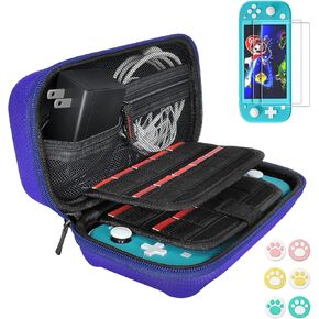 daydayup Switch Case Compatible with Nintendo Switch Lite 2 Pack Screen Protector & 6 Pcs Thumb Grip, 20 Game Cartridges Hard Shell Travel Carrying Switch Lite Console & Accessories, Cyan