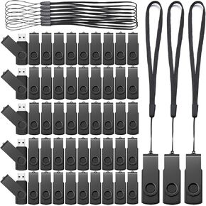 Aoriher 50 Pack USB 2.0 Flash Drives Bulk, Portable USB Thumb Drives with Lanyards, Swivel Flash Drives Thumb Drives for Office School Data Storage (Black, 2GB)