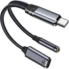 Duttek USB C to 3.5mm Audio Adapter and Charger, 2 in 1 USB C to Headphone Jack Adapter and USB C Charging Cable PD100W, USB C Splitter Dongle Cable for iPhone 16/15 Pro Max-Grey