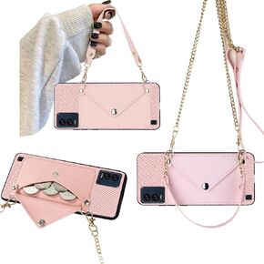 Crossbody Chain Phone Case For BLU View Speed 5G B1550VL, BLU View Speed 5G Phone Case with Gold Shoulder Strap Detachable Lanyard, Back Wallet Faux Leather Credit Card Slots Holder Purse-Pink