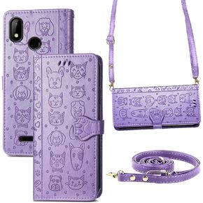 Lanyard Wrist Strap Case for Hot Pepper Chilaca Plus 6.5", HotPepper Chilaca+ Plus Case Card Holder, Shockproof PU Leather 3D Embossed Cartoon [Hands Free Detachable Crossbody Strap] -Purple