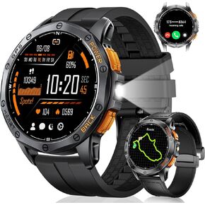 GPS Smart Watches for Men,1.43"AMOLED Fitness Tracker with LED Flashlight/Compass/530mAh Battery/Pedometer, Heart Rate/SpO2/Sleep Monitor 5ATM Outdoor Sports Smartwatch for Android iOS,100+Sport Modes