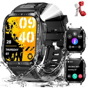 Military Smart Watch for Men with LED Flashlight Watch 2.0'' Big Screen Tactical Smartwatch 430mAh Big Battery Fitness Tracker with Heart Rate Sleep Monitor Make Calls for iPhone Android (Black)