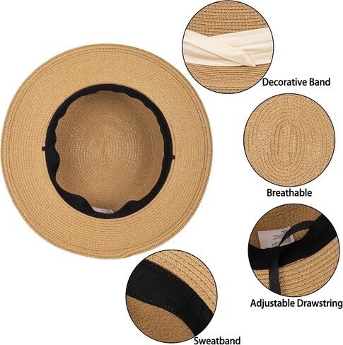 Women Beach Straw Sun Hat - Summer Classic Boater Sun Hat Panama Short Brim Fedora for Party Travel(S/M) in Saudi Arabia