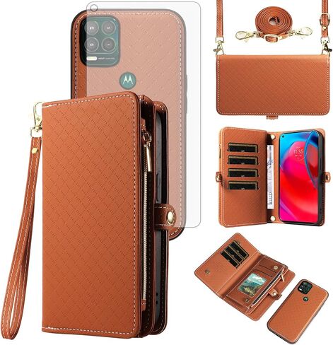 Asuwish Phone Case for Moto G Stylus 5G 2021 Zipper Wallet Detachable Cell Cover with Tempered Glass Screen Protector Crossbody Lanyard Strap Flip Card Holder Motorola GStylus G5 XT2131DL Women Brown in Saudi Arabia