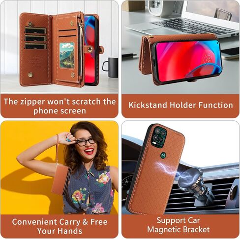 Asuwish Phone Case for Moto G Stylus 5G 2021 Zipper Wallet Detachable Cell Cover with Tempered Glass Screen Protector Crossbody Lanyard Strap Flip Card Holder Motorola GStylus G5 XT2131DL Women Brown in Saudi Arabia