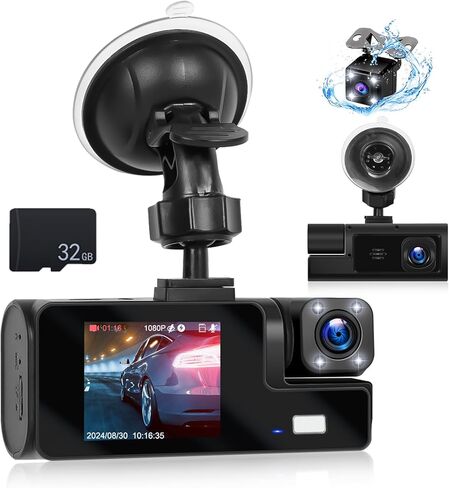 Camecho 3 Channel Dash Cam في الأمام والخلفي ، وكاميرا اندفاعة للسيارات ، وكاميرا السيارات الثلاثية مع بطاقة 32 جيجابايت ، ورؤية ليلية ، وشاشة 2 "، مستشعر G ، تسجيل حلقة ، كاميرا Dashboard in Saudi Arabia
