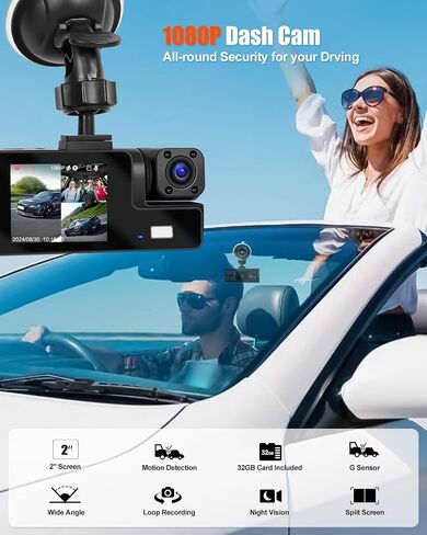 Camecho 3 Channel Dash Cam في الأمام والخلفي ، وكاميرا اندفاعة للسيارات ، وكاميرا السيارات الثلاثية مع بطاقة 32 جيجابايت ، ورؤية ليلية ، وشاشة 2 "، مستشعر G ، تسجيل حلقة ، كاميرا Dashboard in Saudi Arabia