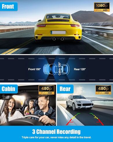 Camecho 3 Channel Dash Cam في الأمام والخلفي ، وكاميرا اندفاعة للسيارات ، وكاميرا السيارات الثلاثية مع بطاقة 32 جيجابايت ، ورؤية ليلية ، وشاشة 2 "، مستشعر G ، تسجيل حلقة ، كاميرا Dashboard in Saudi Arabia