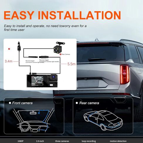 Camecho 3 Channel Dash Cam في الأمام والخلفي ، وكاميرا اندفاعة للسيارات ، وكاميرا السيارات الثلاثية مع بطاقة 32 جيجابايت ، ورؤية ليلية ، وشاشة 2 "، مستشعر G ، تسجيل حلقة ، كاميرا Dashboard in Saudi Arabia