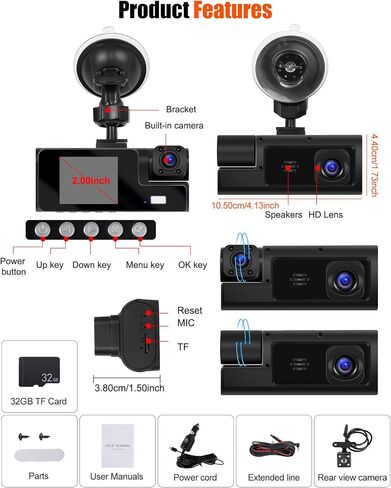 Camecho 3 Channel Dash Cam في الأمام والخلفي ، وكاميرا اندفاعة للسيارات ، وكاميرا السيارات الثلاثية مع بطاقة 32 جيجابايت ، ورؤية ليلية ، وشاشة 2 "، مستشعر G ، تسجيل حلقة ، كاميرا Dashboard in Saudi Arabia