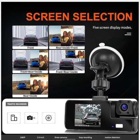 Camecho 3 Channel Dash Cam في الأمام والخلفي ، وكاميرا اندفاعة للسيارات ، وكاميرا السيارات الثلاثية مع بطاقة 32 جيجابايت ، ورؤية ليلية ، وشاشة 2 "، مستشعر G ، تسجيل حلقة ، كاميرا Dashboard in Saudi Arabia