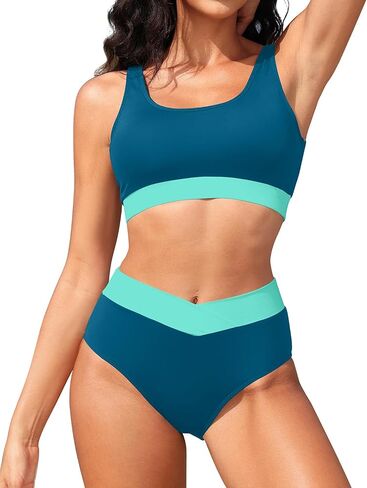Tempt Me Women High Waisted Bikini Sets Two Piece Swimsuits Sport Bathing Suits with V Cut Bottom in Kuwait