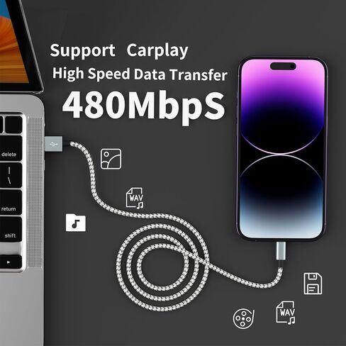 idison iphone charger ، 5packs (3ft 3ft 6ft 6ft 10ft) شحن الكابل MFI معتمد من كابلات شحن الكابلات النايلون المضفر بسرعة الحبل السريع لـ iPhone14/13/11/11/x/max/8/7/6s/5/5s/se /Plus/Pad (Greywhite) in Kuwait