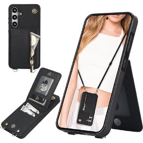 CCSmall Crossbody Wallet Case for Samsung Galaxy S24, PU Leather Zipper Handbag Purse Flip Cover with Kickstand Case for Samsung Galaxy S24 ZP Black