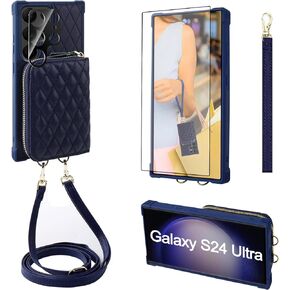 MONASAY Crossbody Wallet Case Compatible for Samsung Galaxy S24 Ultra 6.8 inch[Glass Lens&Screen Protector] Zipper Leather Phone Cover with Card Holder& Handbag Shoulder Lanyard Strap, Light Purple