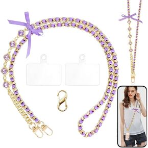 Phone Lanyard, Crossbody Chain Phone Strap, Adjustable Cell Phone Lanyard for Women, Universal Metal Lanyard for Phone with Phone Tether tab Patch Compatible with All Smartphone, Black + Gold