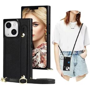 CCSmall for iPhone 15 Case with Card Holder for Women, Phone Case Crossbody with Wrist Strap & Removable Adjustable Shoulder Lanyard Cover for iPhone 15 KB Black