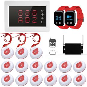 Caregiver Pager System Nursing Pagers Wireless Calling System with 1 Display Receiver/2 Watch Pagers/1 Signal Amplifier/15 Call Buttons for Nursing Home Nurse Station