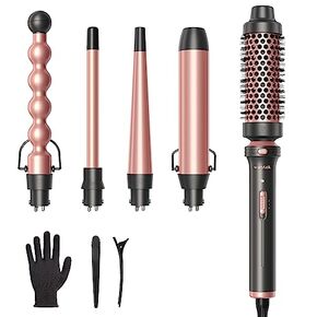 Wavytalk 5 in 1 Curling Iron Set with Curling Brush and 4 Interchangeable Ceramic Curling Wand (0.35"-1.25"), Instant Heat Up, Dual Voltage Hair Curler