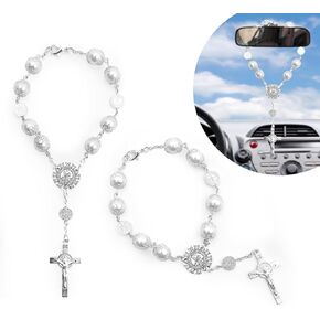 2 Pieces Car Mirror Hanging Accessories，Car Rosary with Cross Blessing Rosary, Beads Catholic for Woman Men Personalized Rearview Mirror Auto Rosary Hanging Accessories Interior Decors (White)