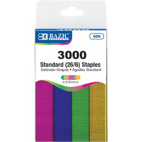 BAZIC Staples Standard (26/6) Metallic Color 3000/Pack, Stapler Refill Standard Size Staple, Assorted Colors, 1-Pack