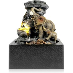BEAMNOVA Tabletop Fountain,3 Tiered Elephant & Baby Elephant Indoor Fountains,with LED Light Water Feature for Home Office Décor