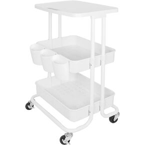 3 Tier Rolling Cart Table Top, Rolling Metal Organization Cart with 3 Cups & 3 Hooks, Multifunctional Storage Shelves with Wheels for Kitchen Living Room Office,Black
