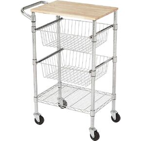 Amazon Basics 3-Tier Metal Basket Rolling Cart with Wood Top, Silver