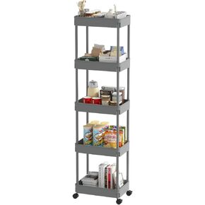 Sooyee 5-Tier Plastic Rolling Utility Cart with Wheels, Multi-Functional Storage Trolley for Office, Living Room, Kitchen, Movable Storage Organizer with Wheels,Black