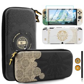 HYPERCASE Carrying Case of Tears of The Kingdom Compatible with Nintendo Switch, with White Protective Cover of Zelda Tears of The Kingdom, Glass Screen Protector, 2 Thumb Caps, and Wrist Strap