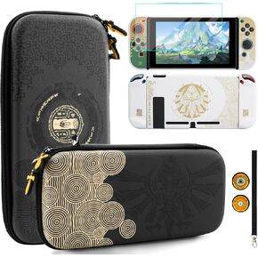 HYPERCASE Carrying Case of Tears of The Kingdom Compatible with Nintendo Switch, with White Protective Cover of Zelda Tears of The Kingdom, Glass Screen Protector, 2 Thumb Caps, and Wrist Strap