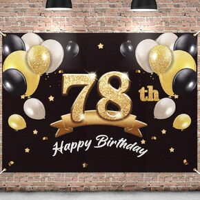Happy 78th Birthday Banner Backdrop - 78 Birthday Party Decorations Supplies for Men - Black Gold 4 x 6ft