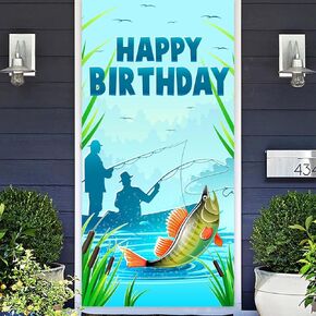 Gone Fishing Happy Birthday Banner Background Fish Fisher Fisherman Theme Decor Decorations for Door Porch Fishing Party Retirement Party 1st Birthday Party Baby Shower Supplies Favors Backdrop