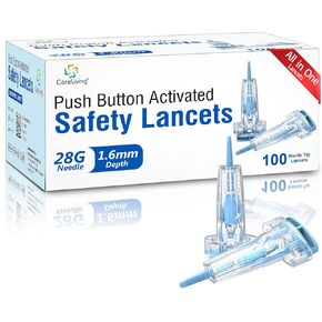 Safety Lancets, Retractable, 28 G Sterile, 1.6 mm, Push Button Activation, 100 Count, Single-Use, Gentle for Comfortable Testing