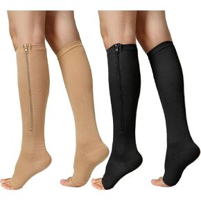 جوارب ضغط بسحاب للنساء والرجال، زوجان من جوارب ضغط عالية للركبة مفتوحة من الأمام بقطر 15-20 مم زئبقي مع سحاب in Kuwait