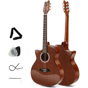 جيتار صوتي مقطوع مقاس 41 بوصة، جيتار كامل الحجم مكون من 6 أوتار مع ترس مغلق وظهر من خشب سبيلي، طقم جيتار للمبتدئين مع اللقطات والحزام، مناسب لليد اليمنى للطلاب والكبار، بني لامع in Kuwait
