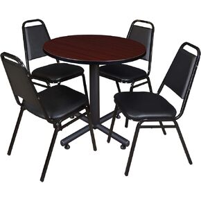 Regency Kobe 30-Inch Round Breakroom Table, Cherry, and 4 Restaurant Stack Chairs, Black