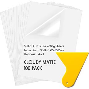 100 Pack Matte Self Adhesive Laminating Sheets, 9 x 11.5 Inches, 4 Mil Thick for Letter Size 8.5 x 11 Matte Finish Self Sealing Lamination Sheets, No Heat Matte Laminating Sheets, with Scraper