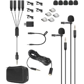 Movo VersaLav-V2 Lavalier Microphone Set for Smartphones, Computer, DSLR or Mirrorless Camera with Two Lapel Microphones, Splitter, Extension Cord, Clip-on Lav Mics for Video, Podcast, Vlog, Interview