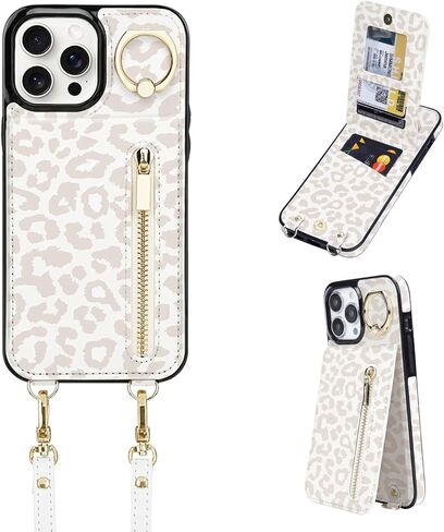 جراب محفظة uCOLOR لهاتف iPhone 15 Pro Max مع حامل بطاقات للنساء، جراب جلدي واقٍ بسحاب على الجسم مع حزام معصم ومسند RFID مصمم لهاتف 15 Pro Max 6.7 بوصة (بيج ليوبارد) in Kuwait