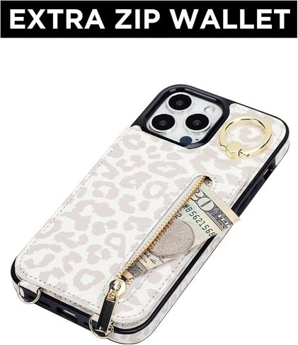 جراب محفظة uCOLOR لهاتف iPhone 15 Pro Max مع حامل بطاقات للنساء، جراب جلدي واقٍ بسحاب على الجسم مع حزام معصم ومسند RFID مصمم لهاتف 15 Pro Max 6.7 بوصة (بيج ليوبارد) in Kuwait