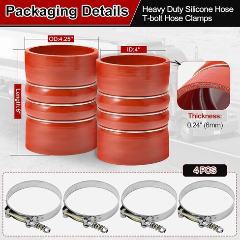 2 PCS Heavy Duty Silicone Intercooler Boot Kit, Turbocharger Intercooler Hose 4" x 6" with T-Bolt Hose Clamps, 5-ply Hose Boot Kit for Semi Trucks (Red) in Saudi Arabia