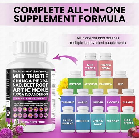 Milk Thistle 3000mg NAC Chanca Piedra 2000mg Beet Root 3000mg Artichoke 2000mg Dandelion 1000mg - دعم صحة الكبد، تطهير السموم وملحق الإصلاح بالإضافة إلى TUDCA الكولين والزنجبيل قبعات نباتية الولايات المتحدة الأمريكية in Kuwait