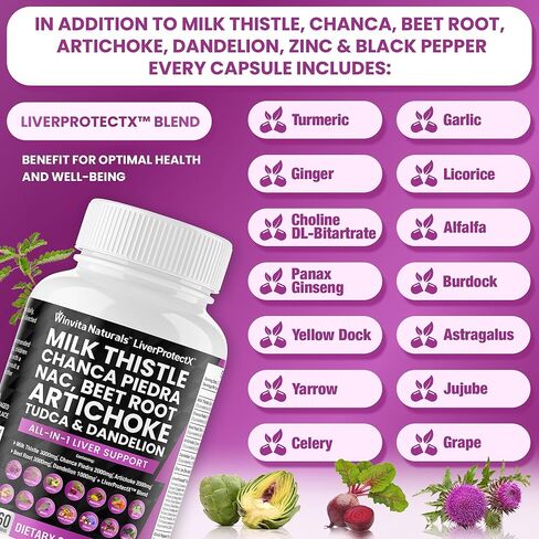 Milk Thistle 3000mg NAC Chanca Piedra 2000mg Beet Root 3000mg Artichoke 2000mg Dandelion 1000mg - دعم صحة الكبد، تطهير السموم وملحق الإصلاح بالإضافة إلى TUDCA الكولين والزنجبيل قبعات نباتية الولايات المتحدة الأمريكية in Kuwait