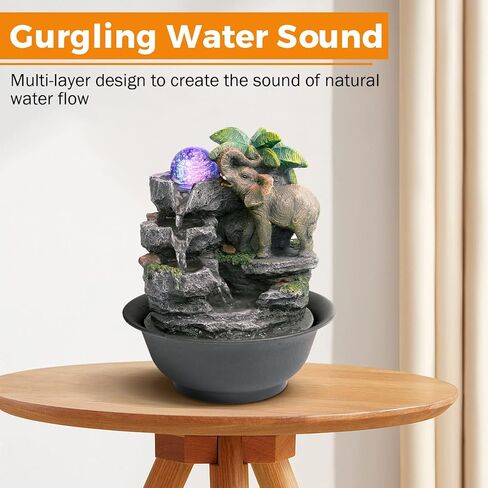 BEAMNOVA Tabletop Fountain,3 Tiered Elephant & Baby Elephant Indoor Fountains,with LED Light Water Feature for Home Office Décor in Kuwait