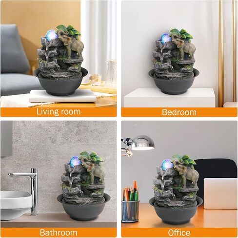 BEAMNOVA Tabletop Fountain,3 Tiered Elephant & Baby Elephant Indoor Fountains,with LED Light Water Feature for Home Office Décor in Kuwait