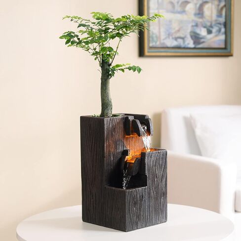 Wood Grain Indoor Fountain Yellow Warm Led Lighting Decorative Soothing Sound Tabletop Fountains with a Small Plastic Pot to Grow The Plant by Yourself(Automatic Watering)(22030) in Saudi Arabia